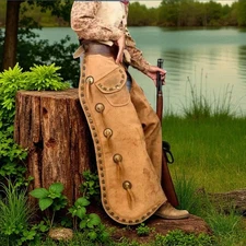 Unisex Western Tan Suede Leather Chaps with Conchos and Fringe
