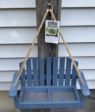 Wooden Adirondack Style Swing Bird Feeder Blue NWT