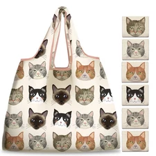 6 Pack Grocery Bags Reusable Cute Cat Animal Shopping Bags Washable Foldable ...