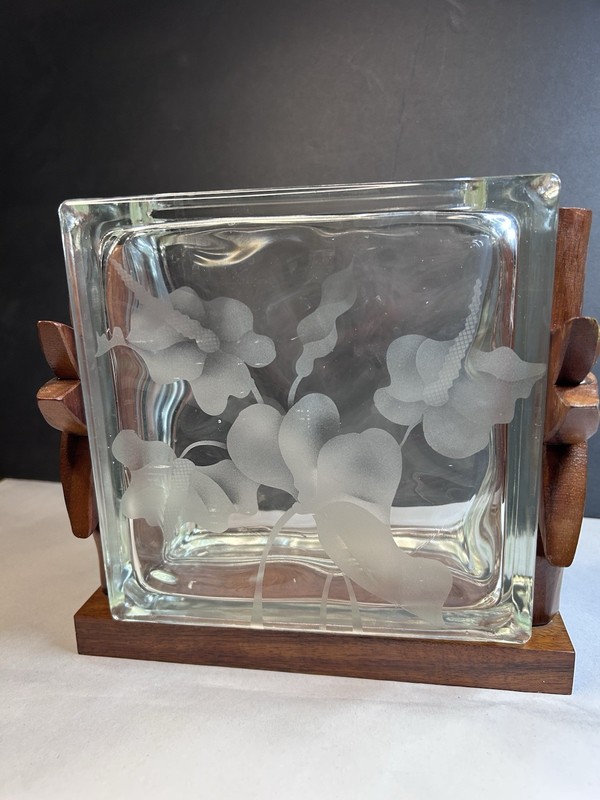 Large Etched ClearWall Tile Frank Oda Hawaii Encased in KoaWood Stand Anthurium