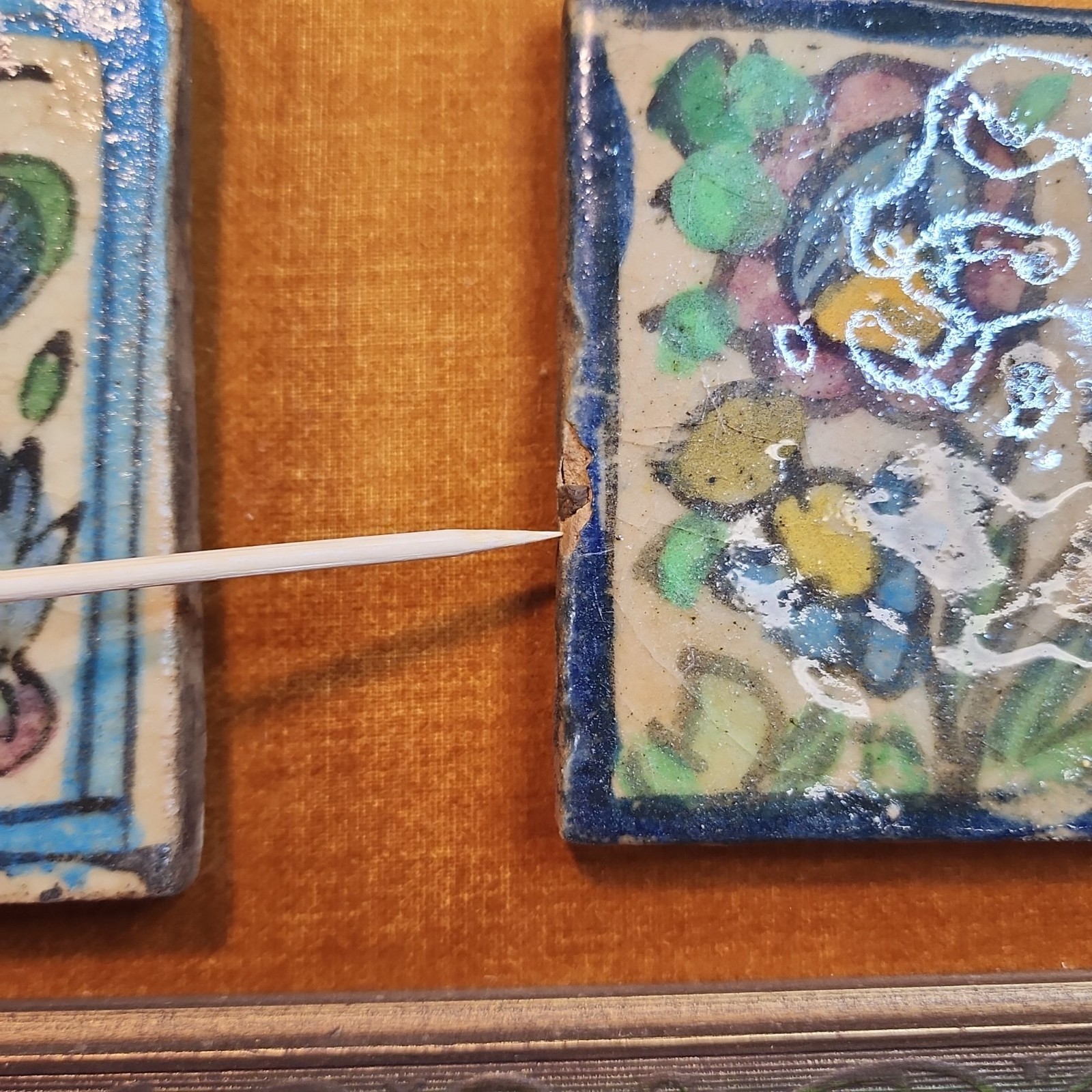 Hand-Painted VTG Persian Style Tile Wall Art Ornate Wooden Frame Floral MCM