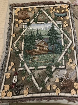 Rustic Cabin Woven Tapestry Throw Blanket Bear Moose Lodge Woodland Fringe - Image 1 of 4