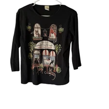 Jess & Jane Shirt Womens Large Black Cat Cafe Graphic 3/4 Sleeve Made USA Cute