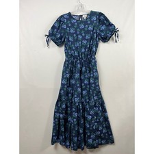 J.Crew Floral Midi Dress Womens 00 Navy Blue Puff Sleeve Tiered Cottagecore