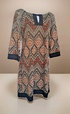 RM LL Shift Dress 10 Brown  Black Chevron 3/4 Sleeve Keyhole Neck Sheath Career 
