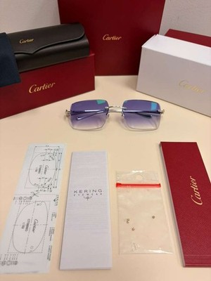 Cartier Panthere Decor Rimless Sunglasses Platinum Frame Blue Gradient Lens