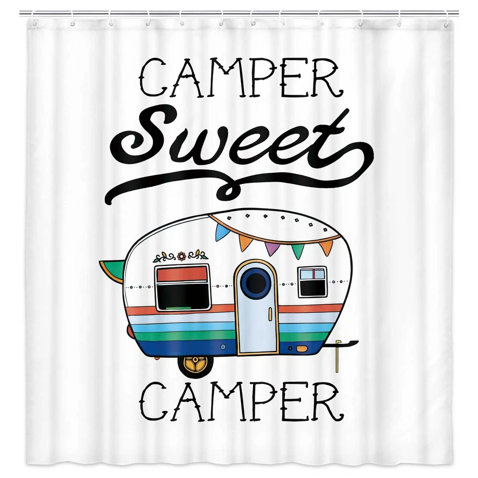 Sweet Camper Caravan Shower Curtain White Waterproof Fabric - image 2 of 4