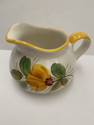Vintage F.T.D. Small Floral Pottery Pitcher Hand Painted in Italy 5 1/2''x 6''