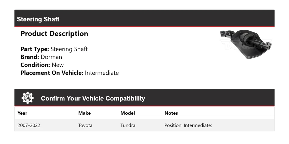 Eixo de direção intermediário 2008 2009 2010 Toyota Tundra Dorman 2007-2022 - Imagem 2 de 4