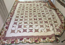 Handmade QUILTED Quilt COVERLET BLANKET MAROON IVORY GREEN ROSE COTTON 86X100