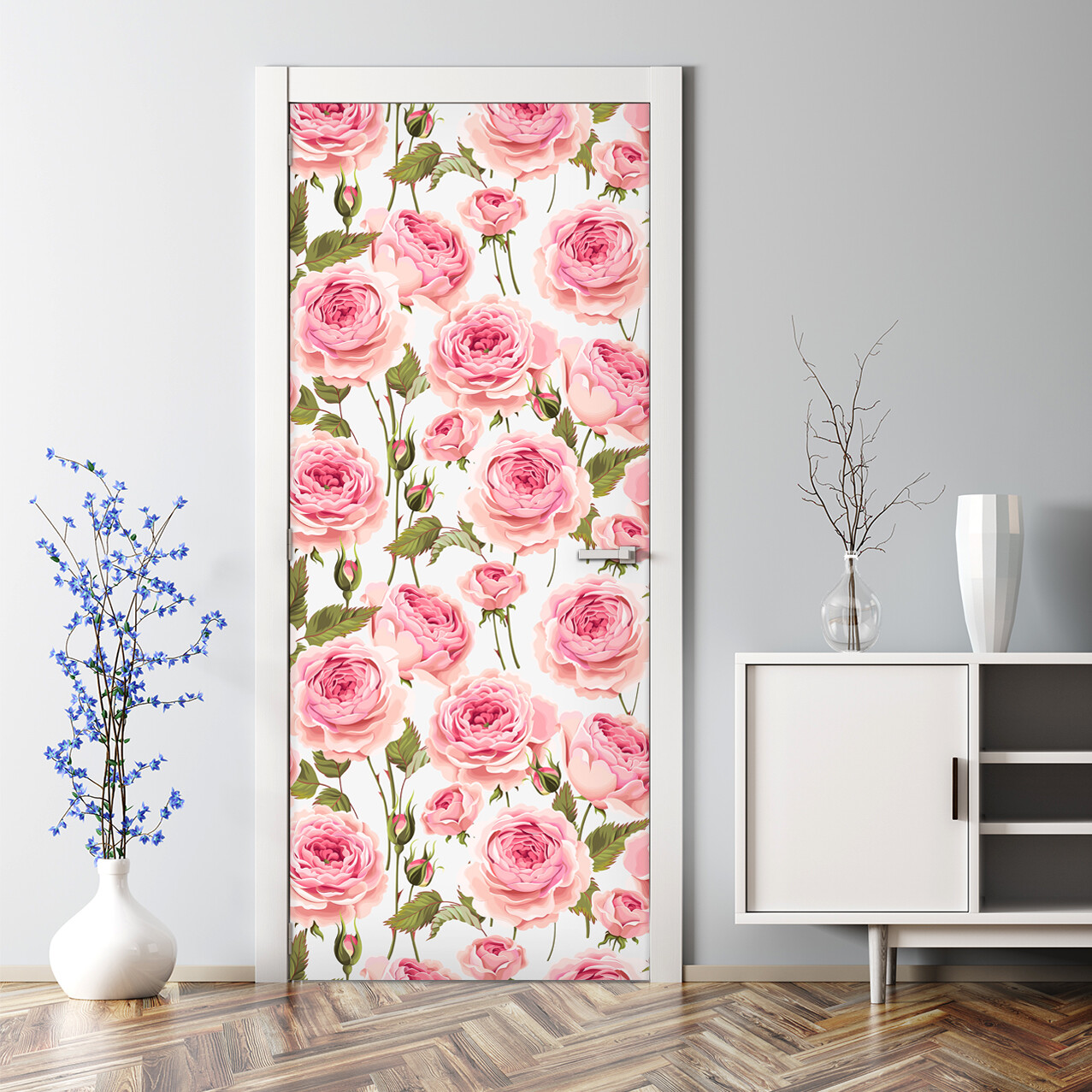 Bubble-Free Green and Pink English Roses Door Sticker Wall Decal Decor