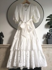 ZARA WHITE COTTON CUTWORK EMBROIDERED MIDI DRESS WITH BELT, SIZE M / UK 10 12.