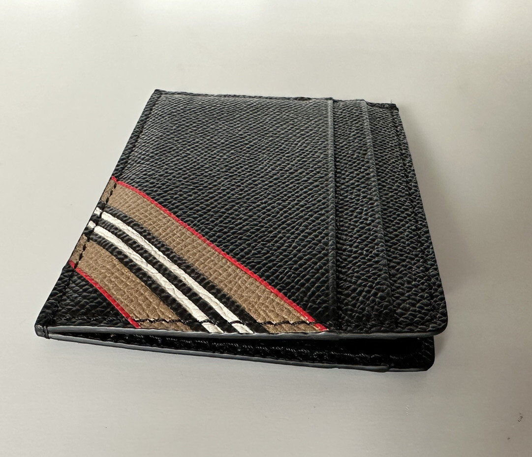 Burberry Icon Stripe Grained Leather Black Card Case 8033074 ITALY 