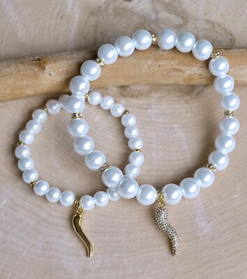 Pearl Cornicello Bracelet, Italian Horn Stretch Bracelet, Gold Cornetto, Crystal