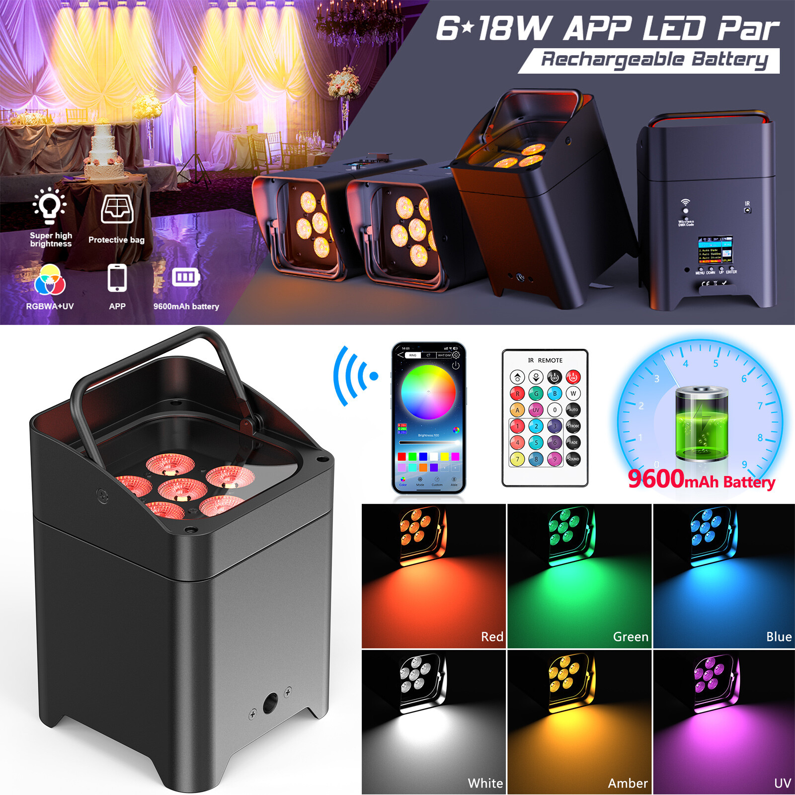 Rechargeable Wireless APP RGBWA+UV 6IN1 LED Par Can Stage Light Party Show DJ