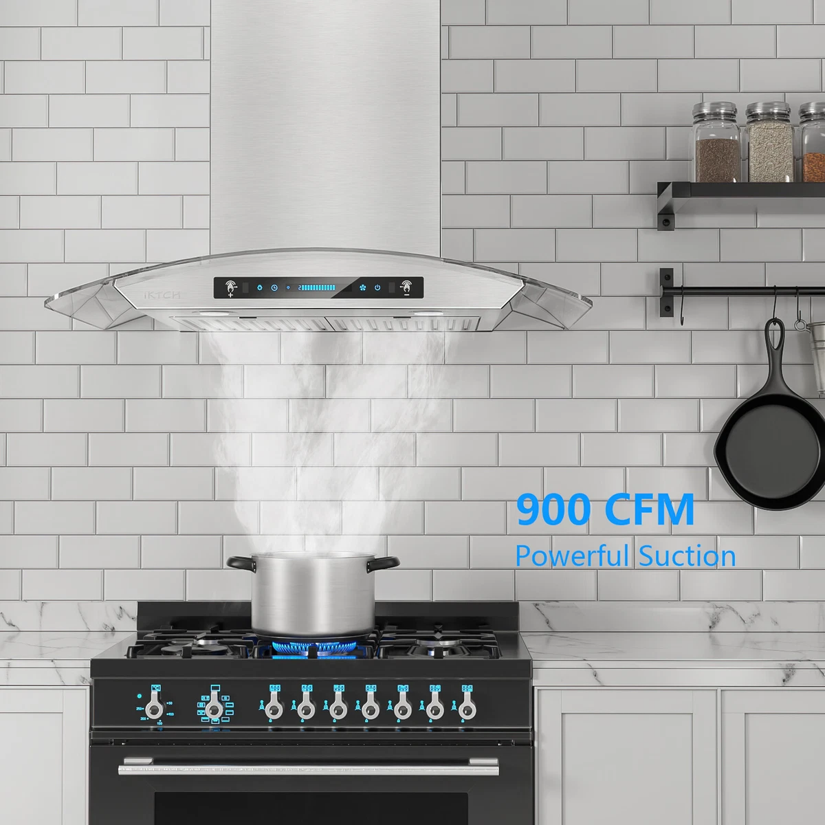 IKTCH 30 inch Wall Mount Range Hood Tempered Glass 900 CFM