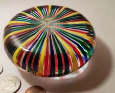 PIN STRIPED paperweight vtg art glass rainbow red green blue yellow sculpture