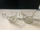Vintage Etched Flowers Heavy Clear Glass Creamer and Sugar Bowl Set