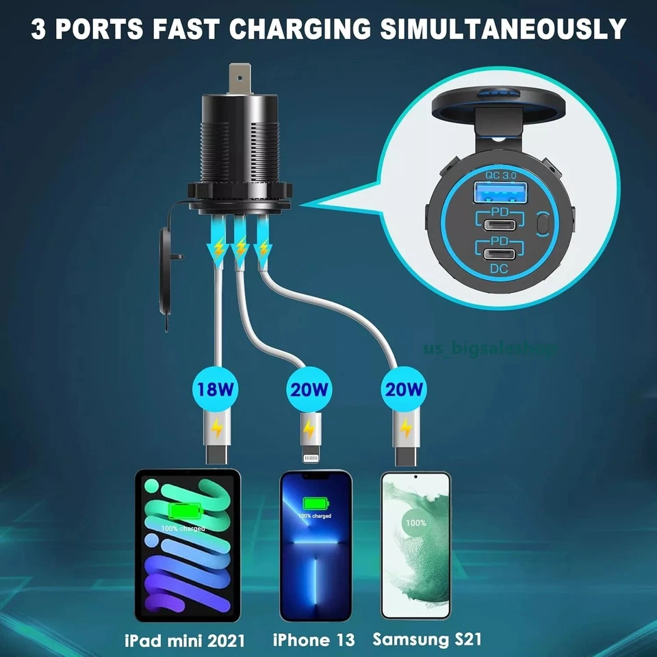 Type C Fast Car Charger PD & USB 3.0 3 Ports Outlet Socket 12-24V for Boat RV US - Image 3 of 4