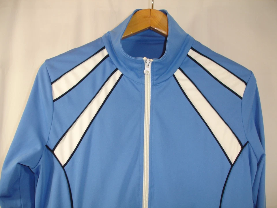 Oleg Cassini Sport 女式 L 全拉链田径夹克蓝色白色黑色 — 第 2/4 张图片