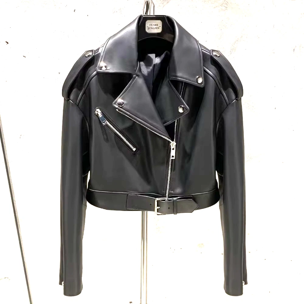 Womens Cropped Leather Moto Jacket Black Off Shoulder Biker Punk Short XS-5XL
