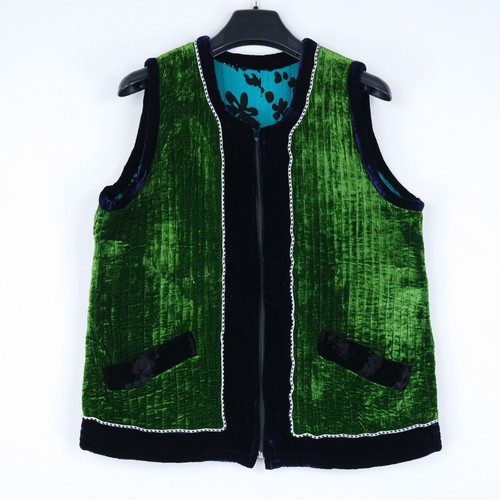 Womens Velvet Waistcoat Large Size UK 14 EU 40 Shiny Green Padded Vintage Vest - Picture 7 of 14