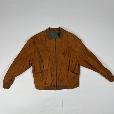 CONBIPEL Mens Bomber Leather Jacket Vintage Brown Tan Large Green Lining