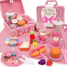 Pink Pretend Afternoon Tea Party Set with Storage Basket, Play Food 