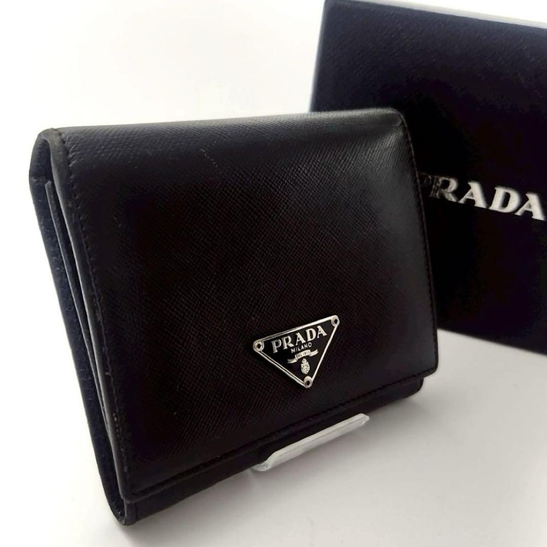 Prada Black Leather Trifold Wallet with Triangle Logo for Men and Women