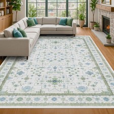 Blue and Green Living Room Rug 8x10 - Cream Oushak Vintage Boho Floral Farmhouse