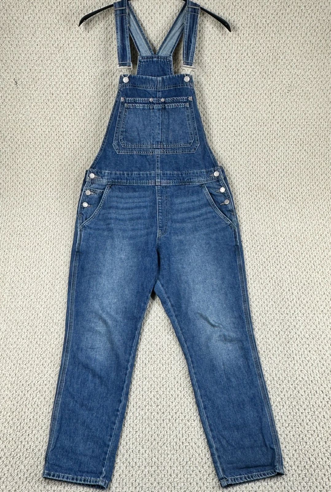 GAP Denim Bibs Womens M Indigo Blue Whiskered Slouchy Overalls Utility Pockets
