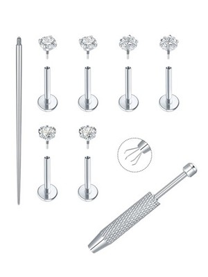 ChiMunllin Internal Thread Flat Back Stud Earrings Surgical Steel 16G, Silver 