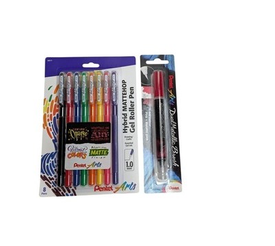 Pentel Arts Hybrid Mattehop Gel Roller Pen Set 8 Pens & Dual Metallic Brush Pen