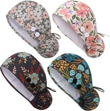 4 Pcs Satin Lined Scrub Caps with Buttons Adjustable Work Cap with Sweatband Tie