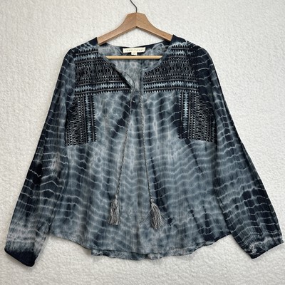 Lovestitch Women's Long Sleeve Embroidered Tie Dye Shirt Blouse Boho Blue Size S