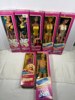 #ad 7 Vintage Barbie Ken Christie Skipper Sun Gold Malibu Sensational Dolls NRFB 80s $475.00
