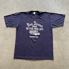 Vintage 70s Bus Driver Shirt Size XL Navy Blue Manistee Michigan USA Made