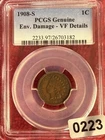 PCGS Genuine 1908-S Indian Head Small Cent 1C  BN VF Details Env Damage ref#223