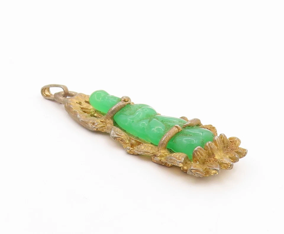 925 Sterling Silver Vintage Pendant Gold Plated Jade God On Lotus Carved PT24606 - Image 3 of 4