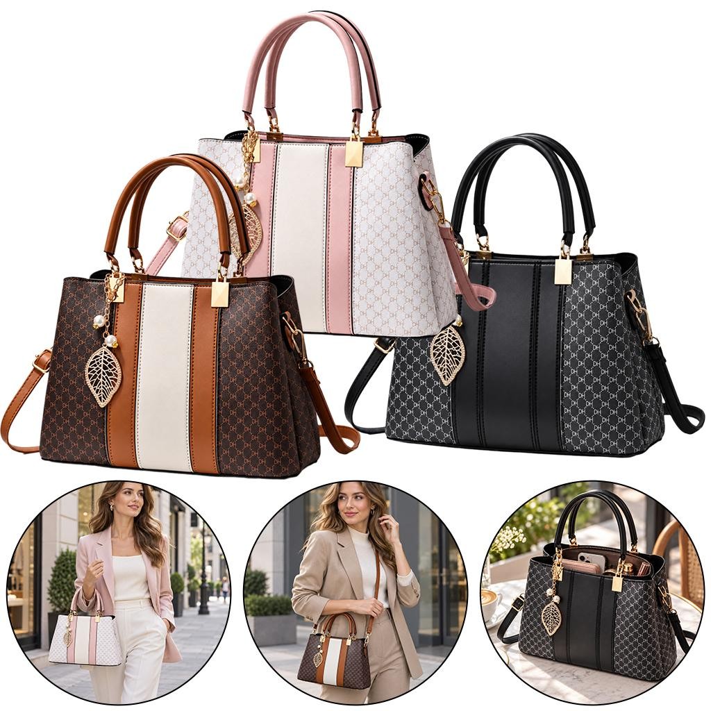 Durable PU Leather Women Handbag with Metal Leaf Decoration Charm