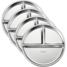 Portion Control Plates Set of 4 Stainless Steel Divided Plates 9" Reusable Di...