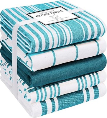  Assorted Kitchen Towels 5 Pack   Soft Absorbent Quick Drying Table Teal White
