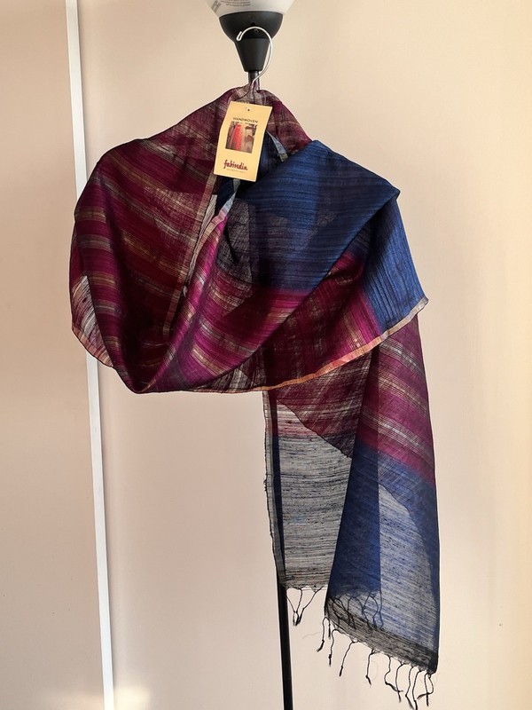 NWT Handwoven FabIndia 100% Silk Dupatta Stole Scarf cobalt blue magenta w zari