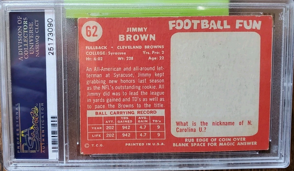 PSA 3 VG 1958 Topps Browns Jim Brown Rookie RC Graded Slabbed NICE Card #62 view 4