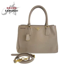 Prada Saffiano Triangular Plate Greige Leather Shoulder Bag 2way Used