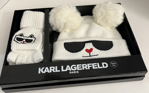 New KARL LAGERFELD PARIS Beanie & Mitten Cream Faux Fur Gift Set - Picture 22 of 24