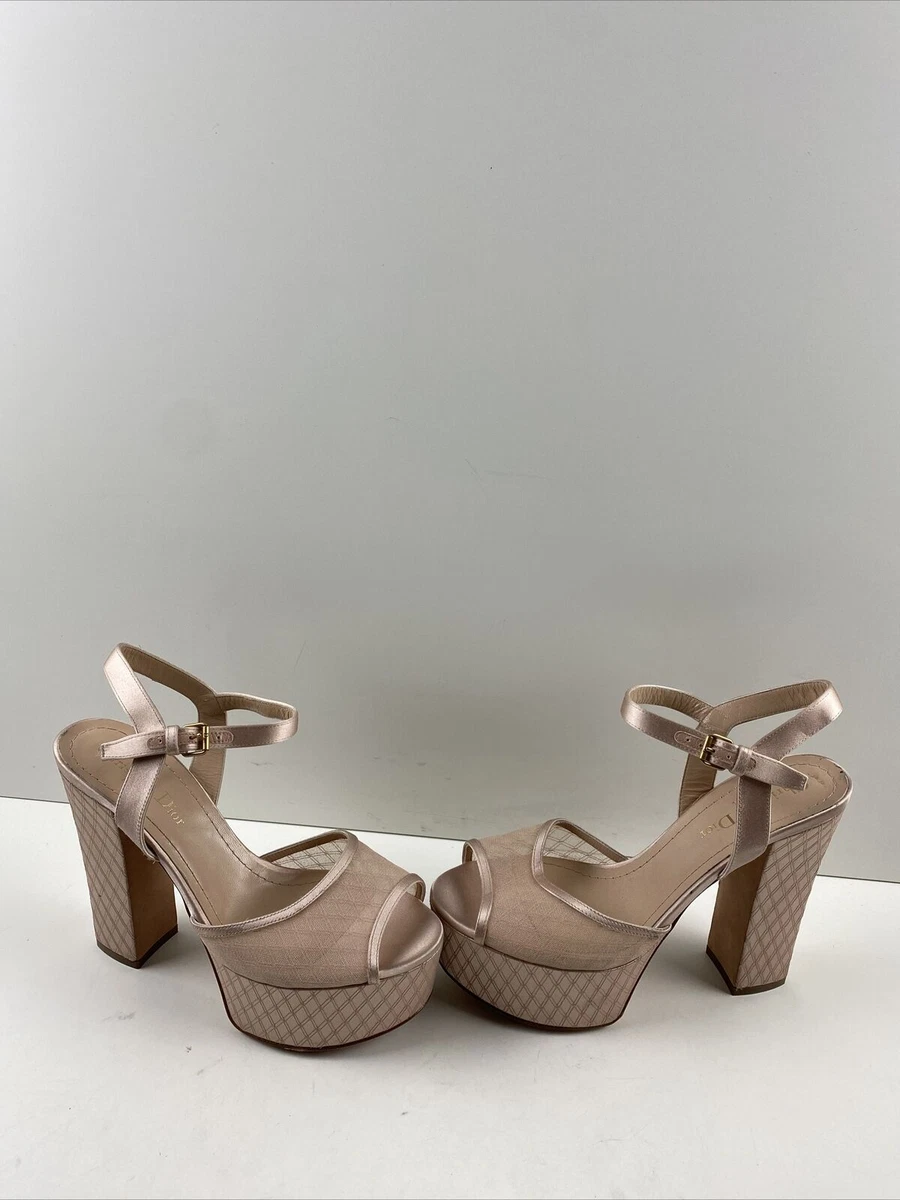 CHRISTIAN DIOR Pink Satin Mesh Open Toe Ankle Strap Platform