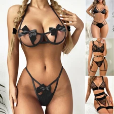 Women's Sexy Lingerie Garter Set Sleepwear Sexy Underwear Lace Bra Thongs Set US