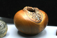 Turned Wood Bowl/Vase Artist Signed Turquoise Inlay M1