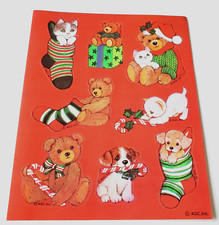 Vintage Sticker Sheet Christmas Teddy Bears Kittens Puppies Stockings Candy Cane